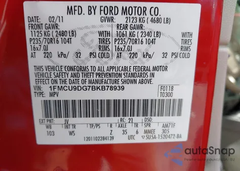 2011 Ford Escape Xlt from USA, damaged, VIN 1FMCU9DG7BKB78939